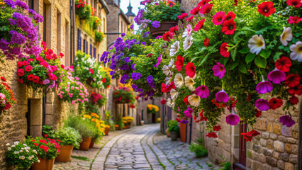 Obraz premium Vibrant petunias in hanging baskets adorn a charming cobblestone alleyway, filling the scene with colorful blooms and lush greenery in a stunning floral display.