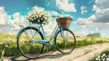 Fototapeta premium Illustrate a vintage bicycle with a wicker basket full of flowers, parked beside a quaint countryside road. 