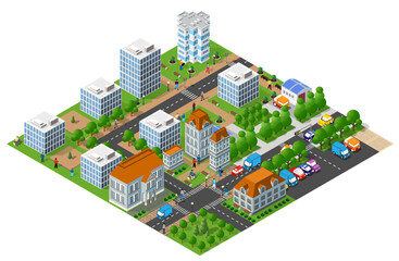 Modern isometric city with people walking and driving cars