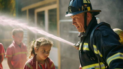 A firefighter in gear, spraying water from a hose, amidst children in a learning drill, showcasing heroism and attentive community service.