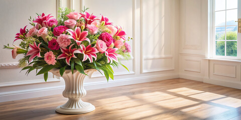 Elegant pedestal showcases a lavish bouquet of vibrant pink flowers, surrounded by fresh lilies, in a serene room with ample copy space and soft natural light.