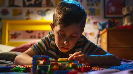 A young boy deeply immersed in building with colorful interlocking blocks on a table in his room, showcasing creativity and concentration in playful construction.