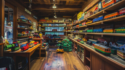 Fototapeta premium A vibrant collection of toy trains and models fills cozy wooden shelves, showcasing a captivating world of childhood imagination and hobbies.