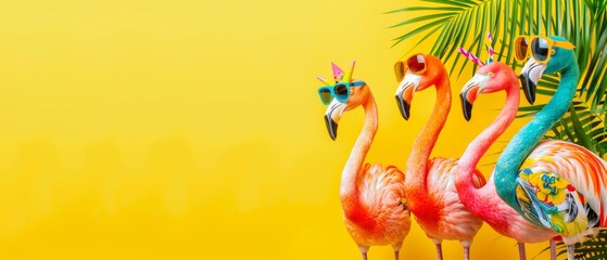 Happy Birthday, summer party, travel carnival festive celebration, funny animals card - Group collection set of  colorful flamingos with sunglasses and palm tree leaves, isolated on yellow background © Corri Seizinger
