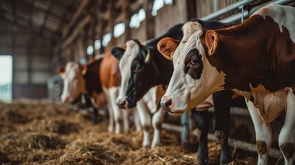 Cows standing in a pen in a modern farm Shows the livestock industry This scene captures the well-maintained and spacious environment where cattle are raised.