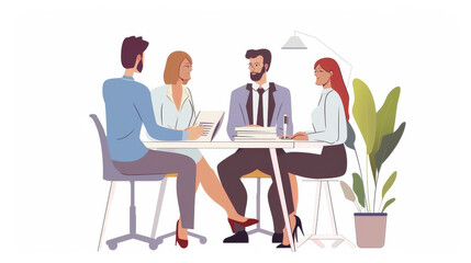 Illustration of business people in a formal meeting, discussing documents around a table with focused expressions in a clean, minimalist office.