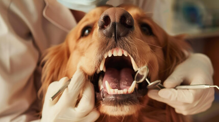 A golden retriever receives a dental check-up, with a close-up view of its open mouth and a vet examining its teeth using dental tools.