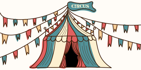 Colorful Doodle Circus tent with flags with inscription. Editable stroke. Vector hand drawn illustration in brown, red, blue, beige colors. Isolated on background. One from Circus carnival collection	