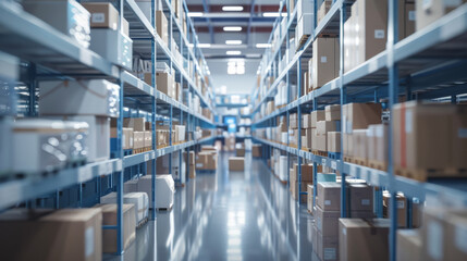 Obraz premium Bright and organized warehouse aisle with stacks of well-labeled boxes on industrial shelves, casting clear reflections on the polished floor.