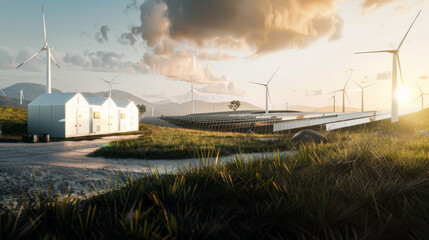 Expansive renewable energy site with wind turbines and solar panels under a dramatic sky, symbolizing sustainability and environmental stewardship.