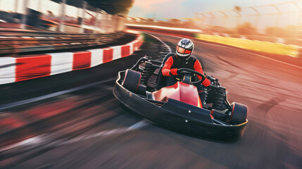 A go-kart racer fiercely navigating a sharp turn on the race track, portraying precision and competitiveness.