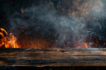 Blank wooden table with a fire burning at the edge of the table, fire sparks and smoke with flames on a dark background to display products