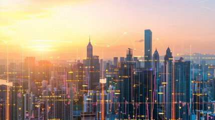 A visually striking cityscape during sunset, overlaid with digital graphs and data visualization elements.