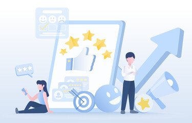 Customer satisfaction, feedback reviews, customer satisfaction with product or service. Positive and negative respond, rating star, loyalty, good experience. Flat design vector illustration.