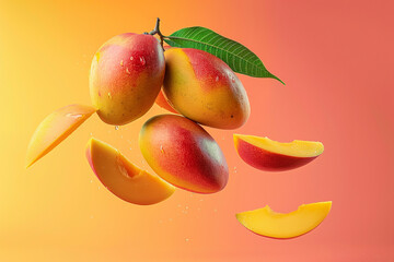 fresh mangoes with a leaf cut in half isolated on a yellow red gradient background