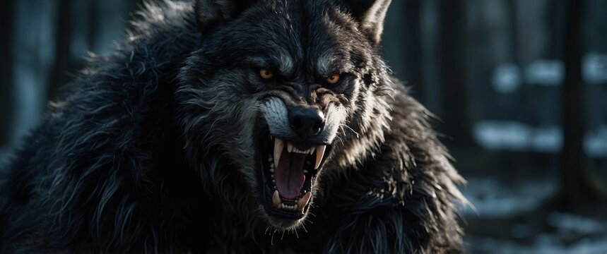 angry looking werewolf black fur and sharp fangs.