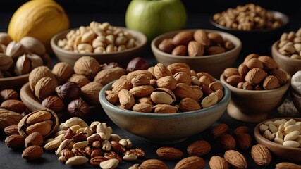 Assorted healthy foods and nuts Copy space.