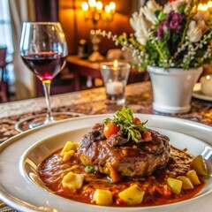 Osso buco served with potatoes and vegetables in a rich sauce, accompanied by red wine in a fine dining restaurant.