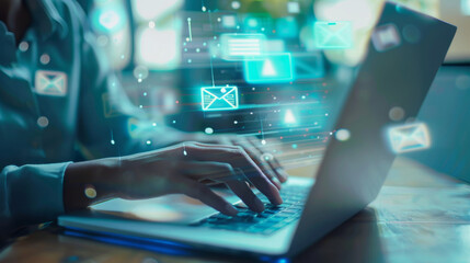A typing figure in focus with futuristic email icons and data overlays, illustrating modern computerized communication and workflow efficiency.