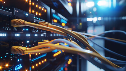 Obraz premium Close-up of network cables connected to servers in a data center, emphasizing technology and connectivity.