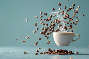 Coffee cup floating with beans and steam spiraling