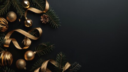 Naklejka premium Beautiful Christmas background with festive decorative items, golden balls, Christmas tree and confetti. Merry Christmas and Happy New Year.