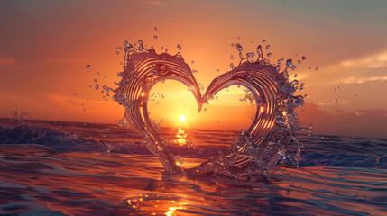 Water forms a heart shape against a vivid orange sunset over the ocean, creating a romantic and serene scene.