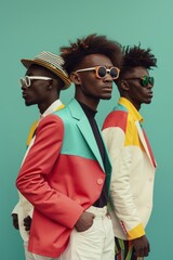 Combination of a 90s-inspired design statement with a dynamic vintage pop band. Colorful and vibrant fashion.