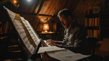 A man intensely focuses on playing the piano in a cozy, dimly lit room filled with books and warm lighting, creating an intimate atmosphere.
