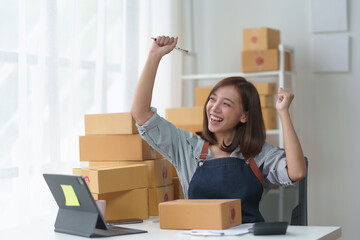 Excited woman celebrating successful online business with cardboard packages and laptop in home...
