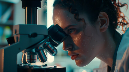 A dedicated researcher, sweat glistening on her forehead, peers intently through a microscope in a lab, showcasing determination and intense focus.