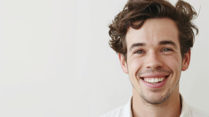 Naklejka premium A cheerful young man with tousled hair beams at the camera, his bright smile and casual attire radiating friendliness and warmth.