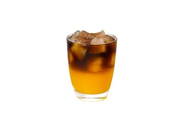 Americano ice coffee and coffee beans spread in white background with isolated picture style.