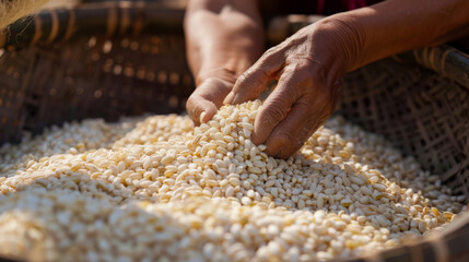 Hands sift through a woven basket of dry grains, reflecting care and tradition in the handling of agricultural produce.