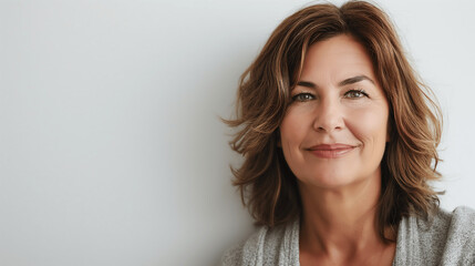 Naklejka premium Mature Woman with Warm Smile and Short Brown Hair in Casual Setting