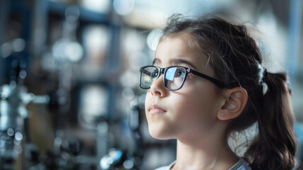A young girl with glasses gazes upwards in a lab, surrounded by scientific equipment, embodying curiosity and future aspirations.
