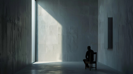 A solitary figure sits in a stark, minimalist room with a single beam of light shining through, evoking introspection and solitude.