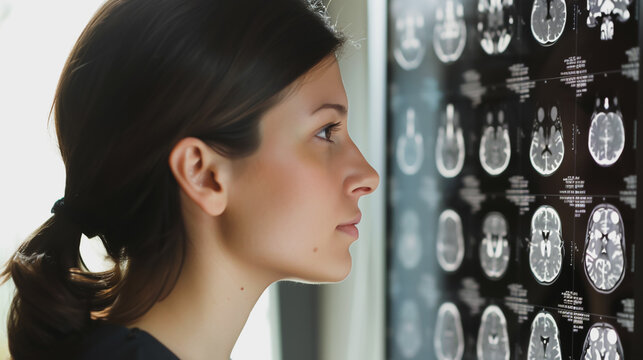 A doctor reads a scan of a patient's brain on a computer screen.