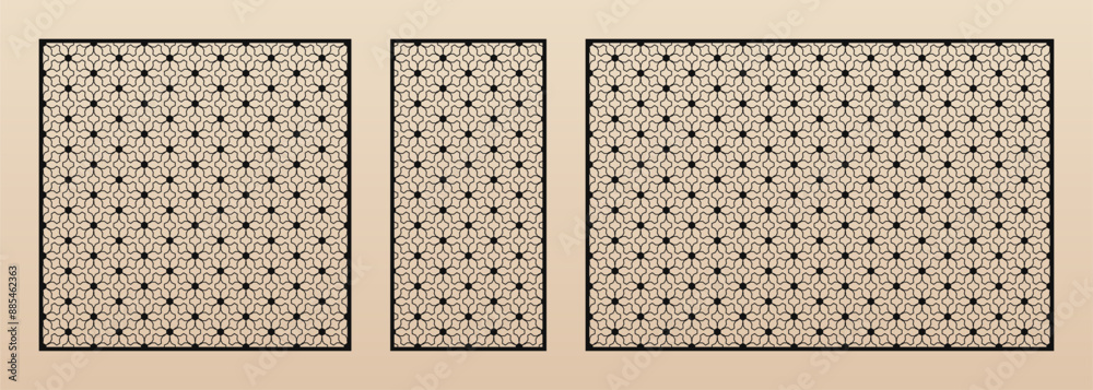 Aufkleber Laser cut panels set. Abstract geometric pattern with elegant floral lattice, mesh. Decorative template for laser cutting, CNC cut of wood, metal, paper. Islamic ornament. Aspect ratio 1:1, 1:2, 3:2