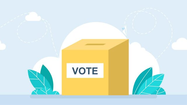 Voting box. Yellow paper box for voting. Urn, container. Concept of election, referendum, debate, choice, expression of will. General and Presidential elections. 2d flat animation. Bright cartoon