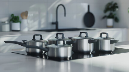 Stainless steel cookware neatly arranged on a modern kitchen countertop, illuminated by soft morning light.