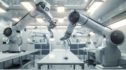 High-tech robotic arms maneuver delicately over a laboratory table, showcasing advancements in automated scientific research within a sterile, brightly-lit lab.
