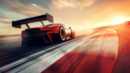 A sleek, red sports car speeds around a racetrack at sunset, leaving a trail of motion and light in its wake.