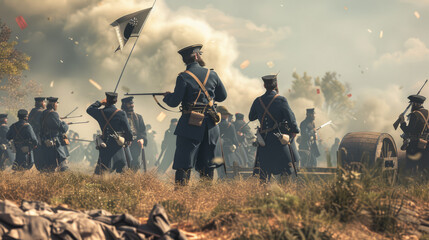 Historical reenactment of a battle scene with soldiers clad in blue uniforms, engaged in warfare amidst smoke and chaos.