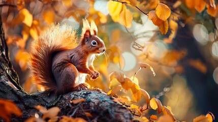 A Red Squirrel Perched on a Branch in Autumnal Woods