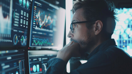 Fototapeta premium A pensive man studies multiple screens displaying intricate data and charts in a dimly lit, modern analytical workspace.
