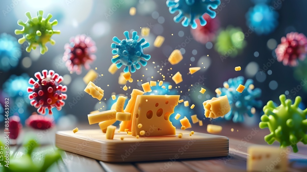 Wall mural Microscopic Virus Spreading Across Textured Cheese Board