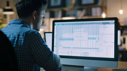 An individual working on a computer, focused on spreadsheets in a dimly lit, organized workspace.
