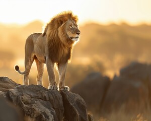 Majestic lion standing on rocky outcrop, golden sunlight detailed mane, powerful and regal, savannah background