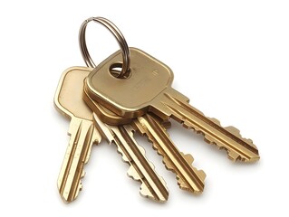 A set of metallic keys isolated on a plain white background